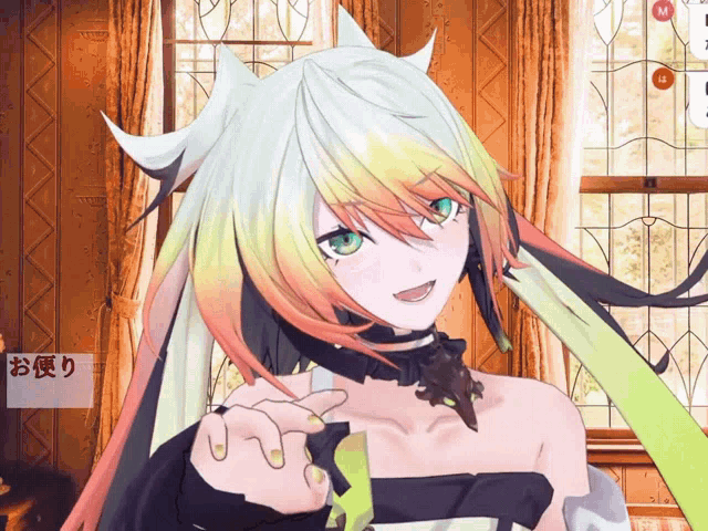 a girl with a choker around her neck is giving a thumbs up in front of a window