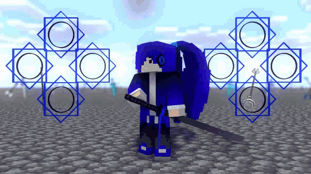 a blue minecraft character with a sword and headphones on