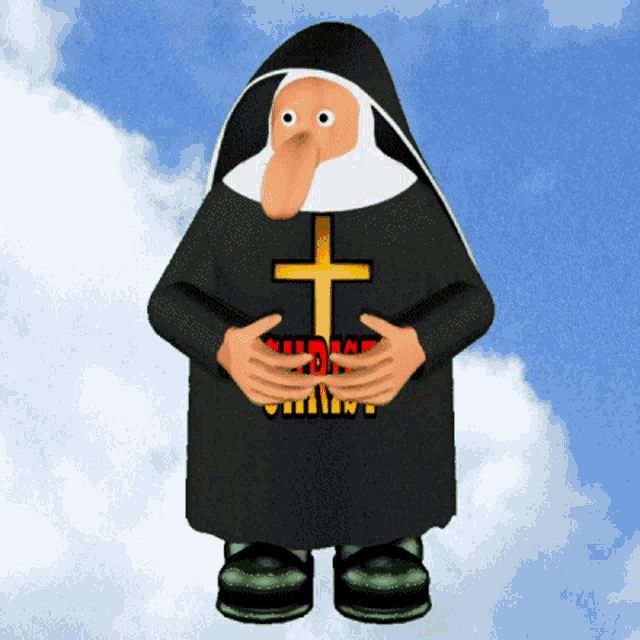 a cartoon nun is holding a cross with the word jesus on it in red