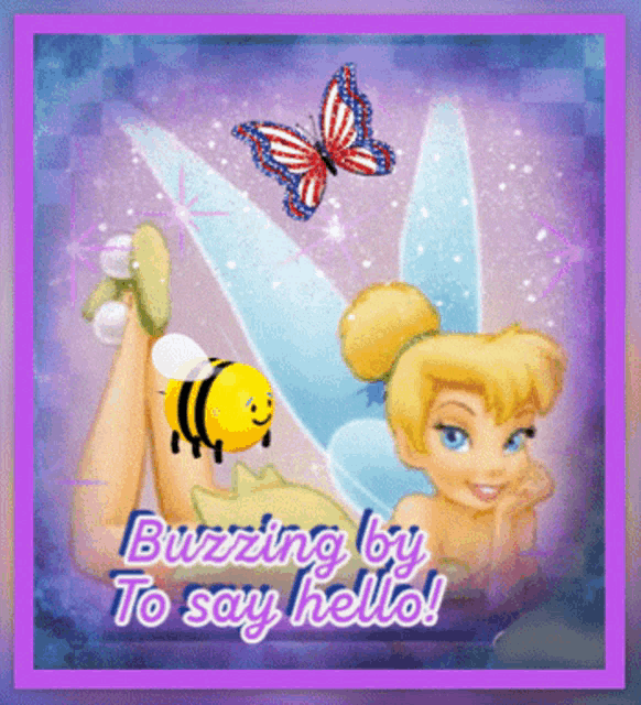 a tinkerbell greeting card with a bee and a butterfly