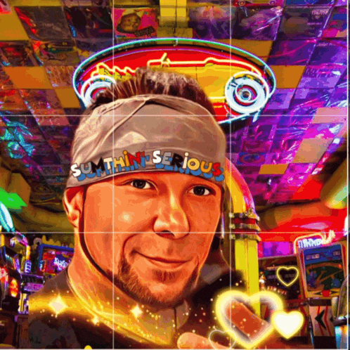 a man wearing a headband that says something serious on it