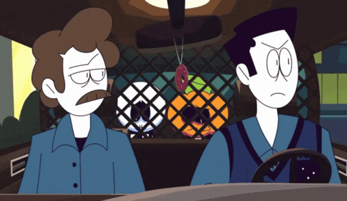 a cartoon of two men in a car with a doughnut hanging from the rear view mirror