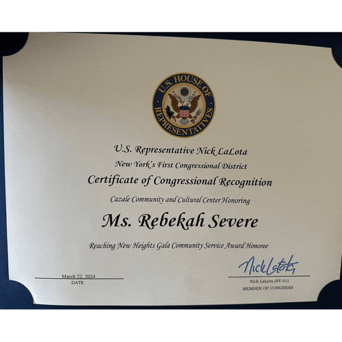 a certificate of congressional recognition for ms. rebekah severe