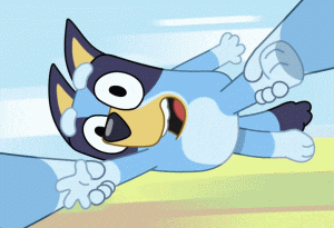 a cartoon dog is flying through the air with his arms outstretched