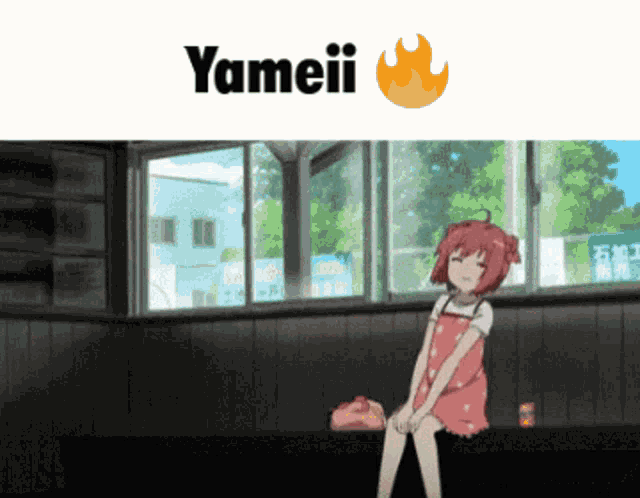 a picture of a girl sitting on a bench with the word yameii on the top