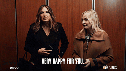 two women standing next to each other with the words " very happy for you " on the bottom