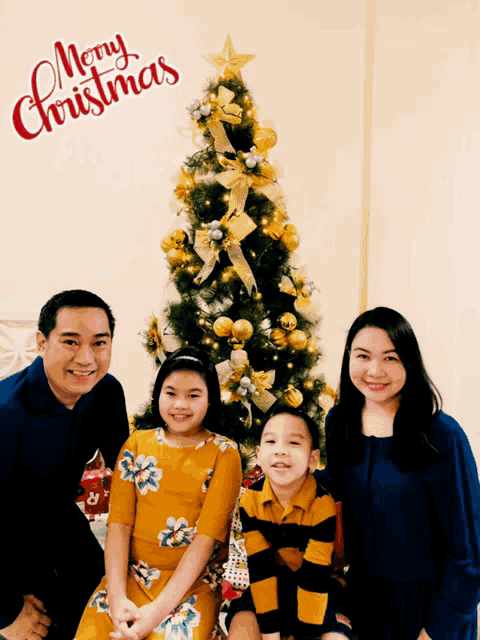 a family poses for a picture in front of a christmas tree