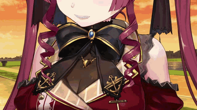 a close up of a purple haired anime character with a necklace that says anchor on it