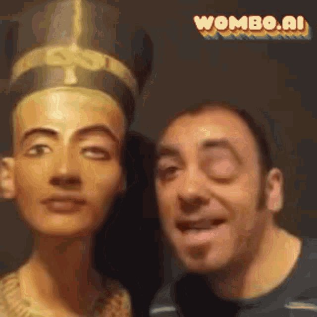 a man is standing next to a statue of a woman with wombo.ai written in the corner