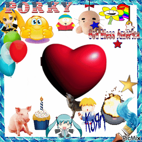 a picture of a heart surrounded by cartoon characters and the words god bless america