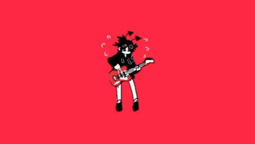 a black and white drawing of a girl playing a guitar on a red background