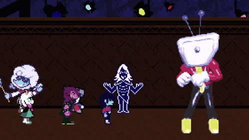 a group of cartoon characters are standing next to each other in a dark room