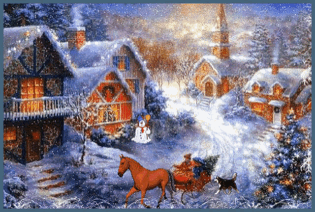 a horse pulling a sleigh with a christmas tree on it