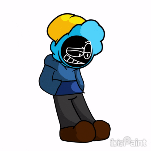 a cartoon character is wearing a blue hoodie and a yellow hat ..