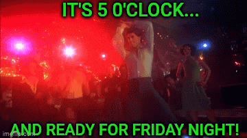 a man is dancing in front of a crowd with the words it 's 5 o'clock and ready for friday night