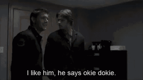 two men standing next to each other with the words i like him he says okie dokie