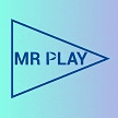 a blue triangle with the words `` mr play '' written inside of it on a blue and purple background .