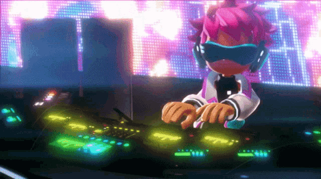 a cartoon character is wearing headphones and playing music