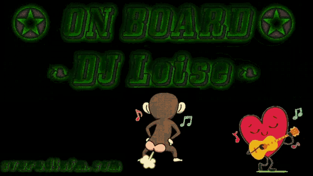 a monkey is dancing in front of a sign that says on board dj loise