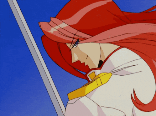 a woman with red hair is holding a sword in her hand