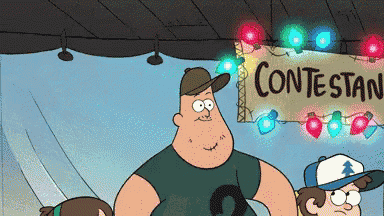 a cartoon character is standing in front of a sign that says contestan