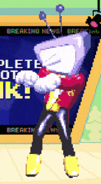 a pixel art of a person standing in front of a sign that says " breaking news "