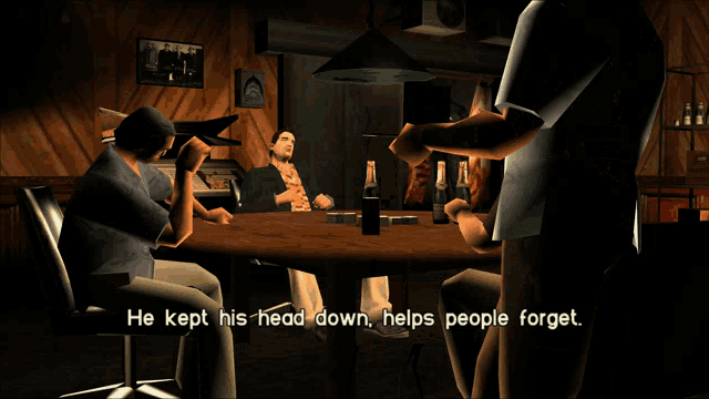 a video game scene with the words he kept his head down helps people forget at the bottom