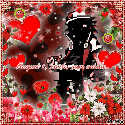 a picture of a man surrounded by hearts and flowers with the date august 1