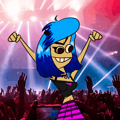 a cartoon of a girl with blue hair and sunglasses