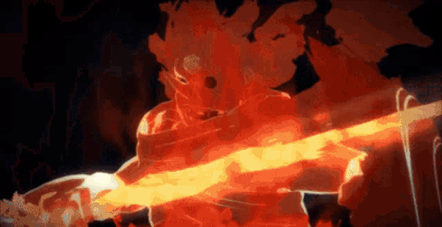 a cartoon character is holding a sword in a fire .
