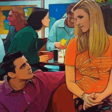 a man and a woman are sitting at a table in a crowded restaurant