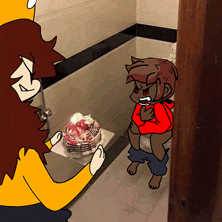 a cartoon of a boy sitting on a toilet next to a woman with a cake