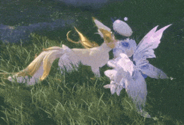 a white horse with wings and a purple butterfly on its back is laying in the grass