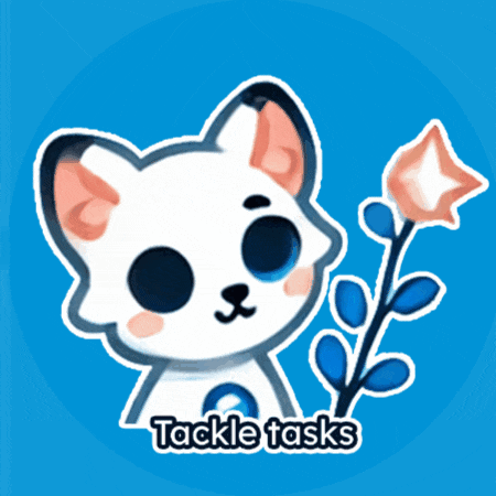 a sticker of a cat with a flower and the words tackle tasks below it