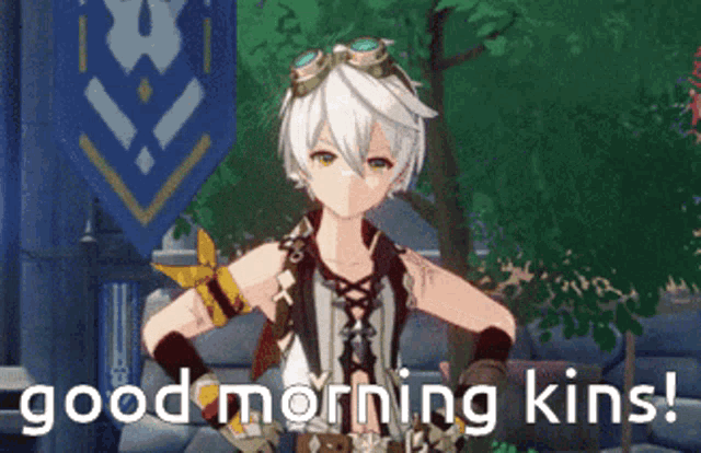 a cartoon character says good morning kins on the screen