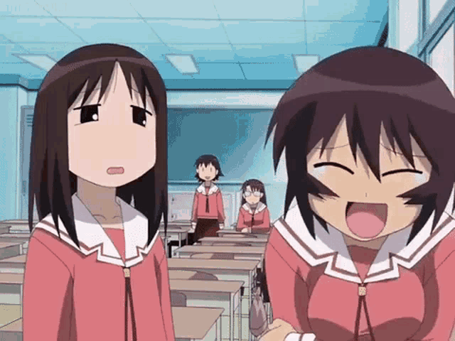 a group of anime girls are standing in a classroom laughing