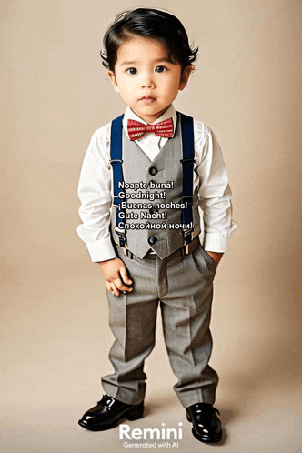 a young boy wearing suspenders and a bow tie stands in front of a sign that says remini generated with ai