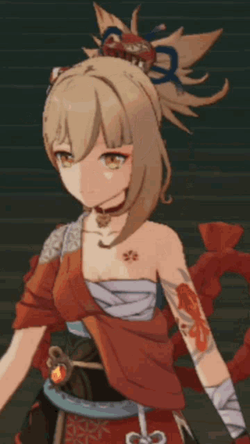 a girl with a tattoo on her arm is wearing a red top