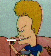 a cartoon of beavis smoking a cigarette with a knife in his mouth