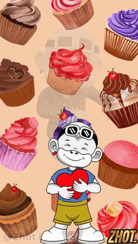 a cartoon of a boy holding a heart in front of cupcakes with the word zhot on the bottom right
