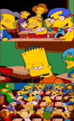 bart simpson is sitting in front of a group of cartoon characters in a classroom .