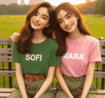 two girls wearing shirts that say sofi and zara are sitting next to each other