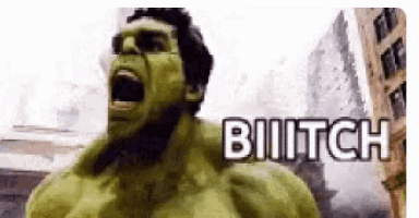 a hulk is screaming in front of a city with the words bitch written on the bottom