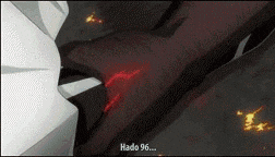 a close up of a red lightning bolt with the words hado 96