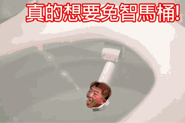 a toilet with chinese writing on it and a picture of a man 's head sticking out of it