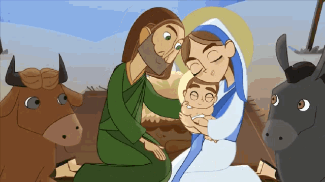 a cartoon of jesus mary and baby jesus in a manger