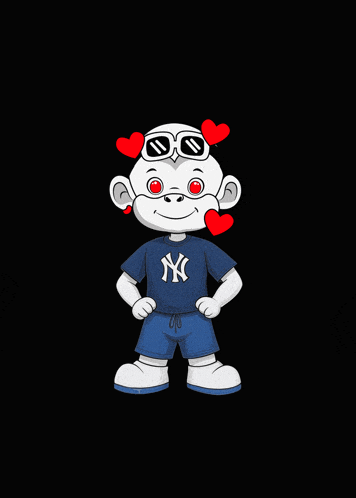 a cartoon monkey wearing a ny shirt and shorts with red hearts in his eyes