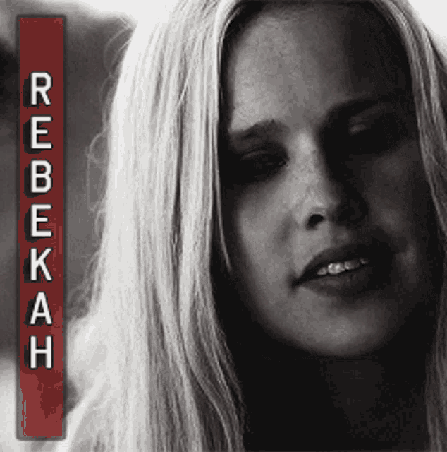 a close up of a woman 's face with the name rebekah on the bottom right