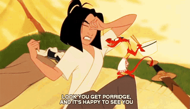 a cartoon of a woman and a dragon with the words look you get porridge and it 's happy to see you on the bottom