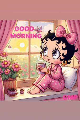 betty boop is sitting on a window sill drinking coffee